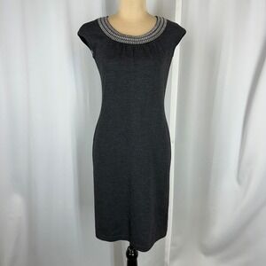 St John Collection Dress Size 2 Gray Wool Blend Knit Metallic Trim Sheath Midi
